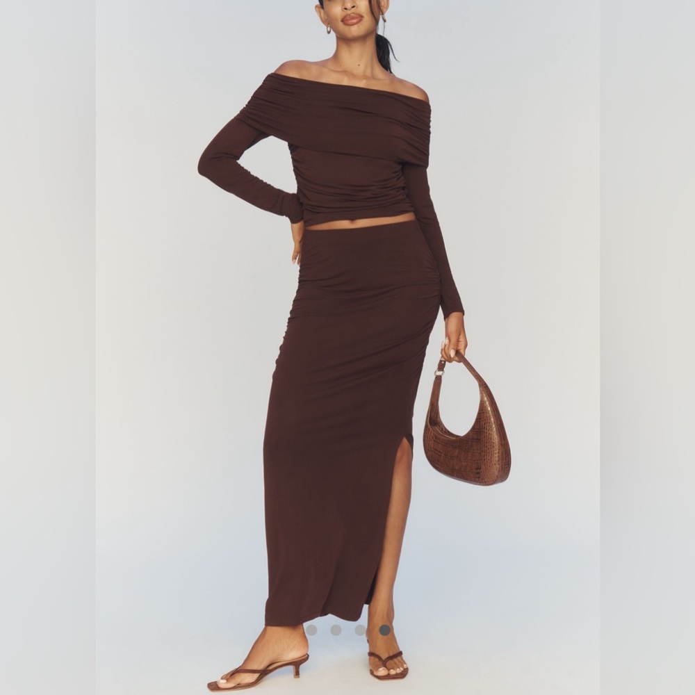 Anthropologie Bodycon Top & Skirt Set NWT Brown Off-The-Shoulder Ruching L
